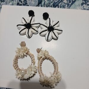 Floral Statement Earrings Duo - Black & White + Cream